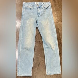 FRAYED High Rise Straight Leg Distressed Light Wash Jeans, Size 28